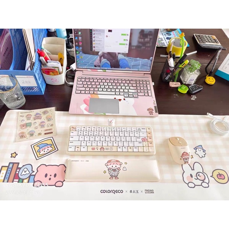 Bàn phím cơ và chuột không dây ColorReco chính hãng tặng kèm tấm lót chuột và đệm kê tay siêu cute