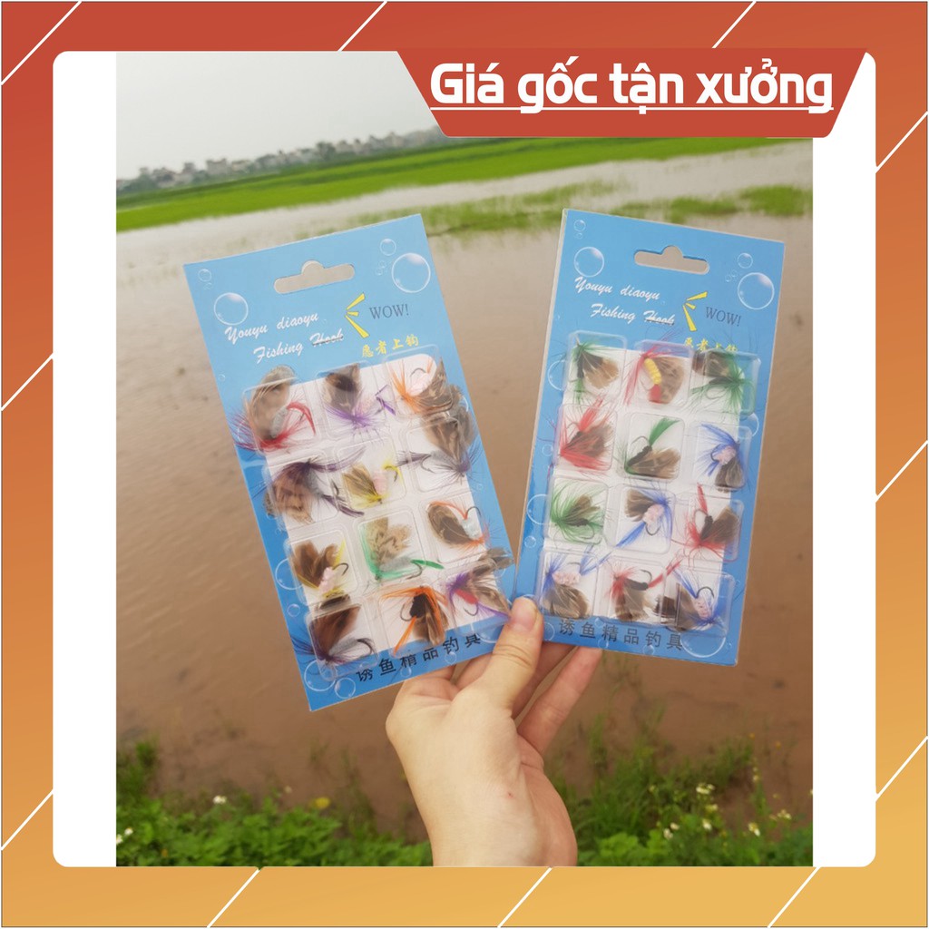 Cần câu❤️FREE SHIP❤️Cần câu❤️ combo 12 con mồi gắn lông vũ cánh bướm câu rô phi,câu mương,lóc,ngão,....