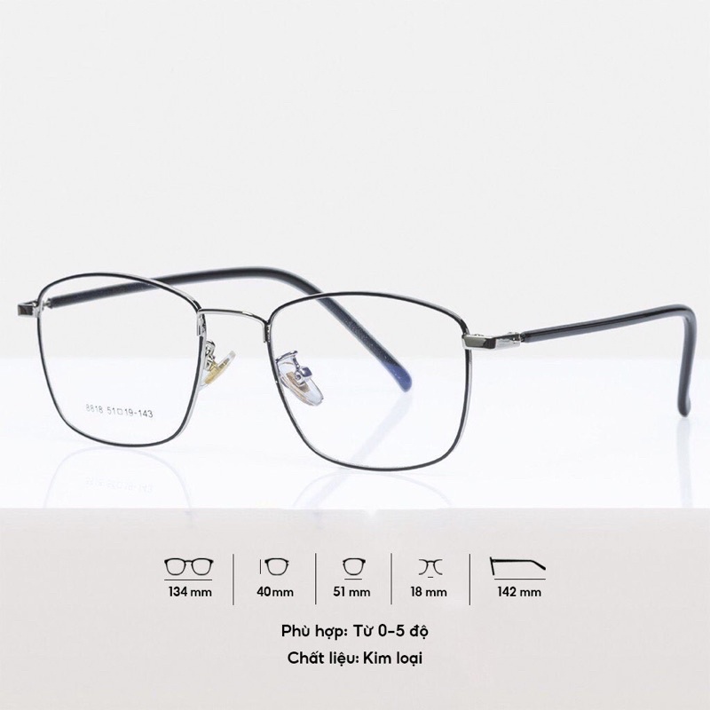 Gọng Kính Kim Loại Thời Trang 8818 ,Gọng vuông kim loại càng bọc nhựa mảnh nhẹ - Kính mắt NamPhongEyewear