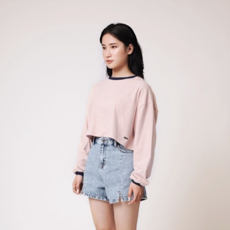 Áo Thun BOO Nữ Dáng Croptop Dài Tay Vải Cotton Tăm Phối Màu