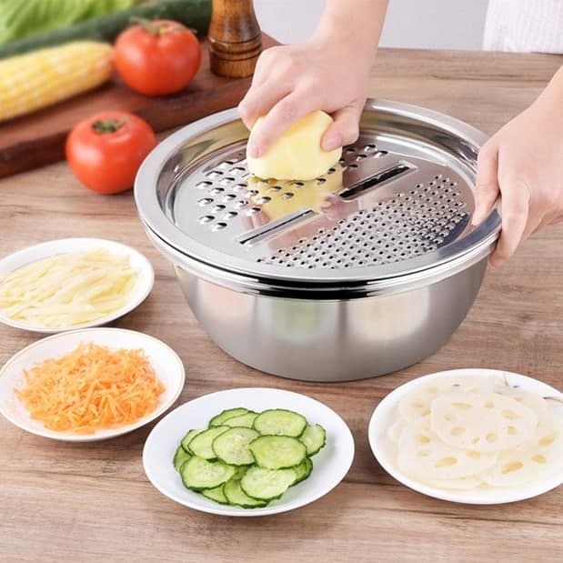 Bộ rổ chậu kèm nạo rau củ quả inox đa chức năng 3in1 cao cấp siêu tiện dụng POT KITCHEN