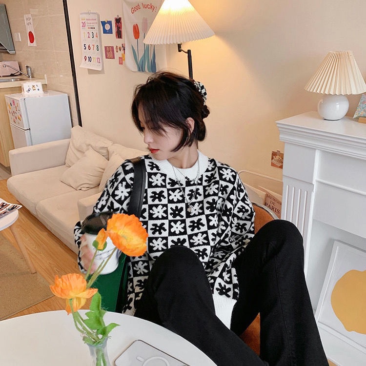 Áo sweater dáng rộng họa tiết sọc caro màu xanh dương sữa phong cách Hàn Quốc thời trang mùa thu cho nữ 2021