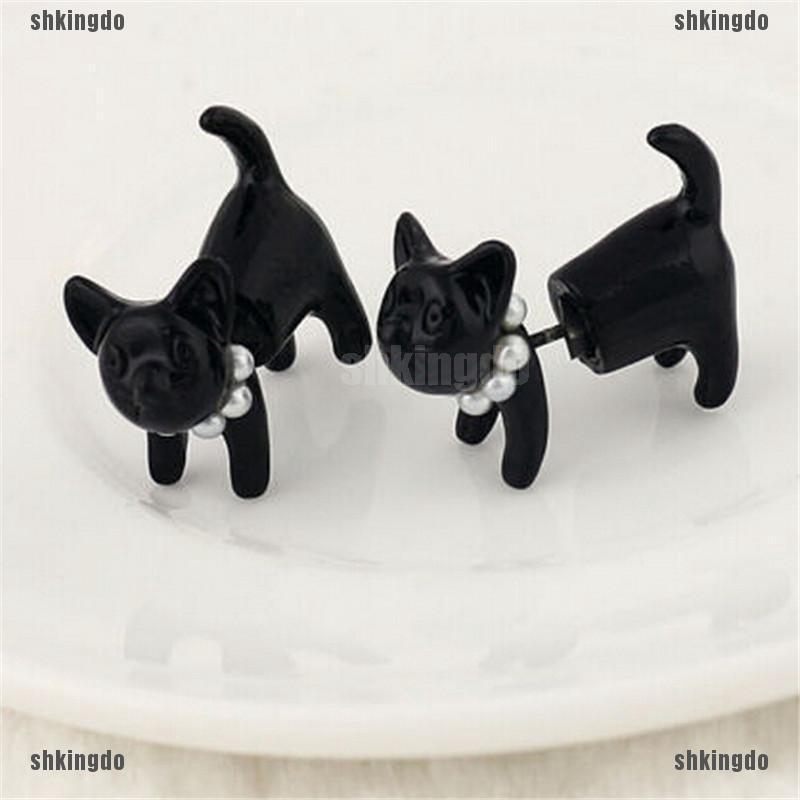 Chiếc Khuyên Tai Xỏ Hình Mèo Đen Đính Ngọc Trai Nhân Tạo Xinh Xắn