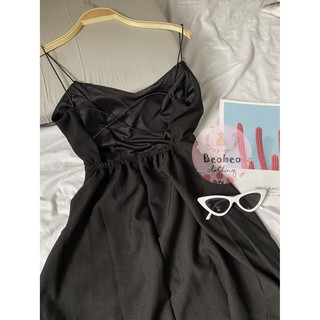 [Ảnh thật] Đầm maxi đen 2 dây đan dây lưng vintage