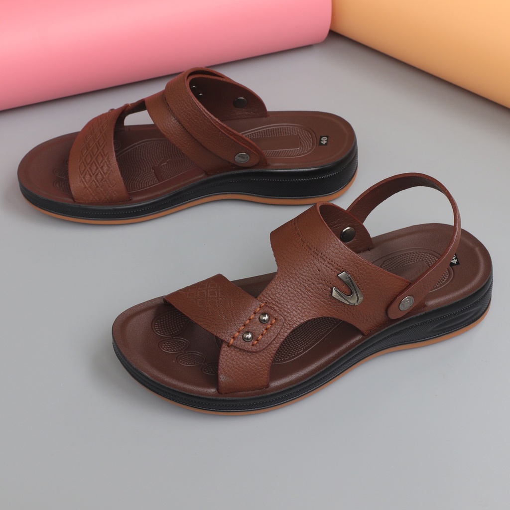SANDAL NAM - DÉP NAM DA BÒ ĐẾ KẾP CAO 3.5P MỀM MẠI BỀN BỈ 4456 NÂU TRẦM