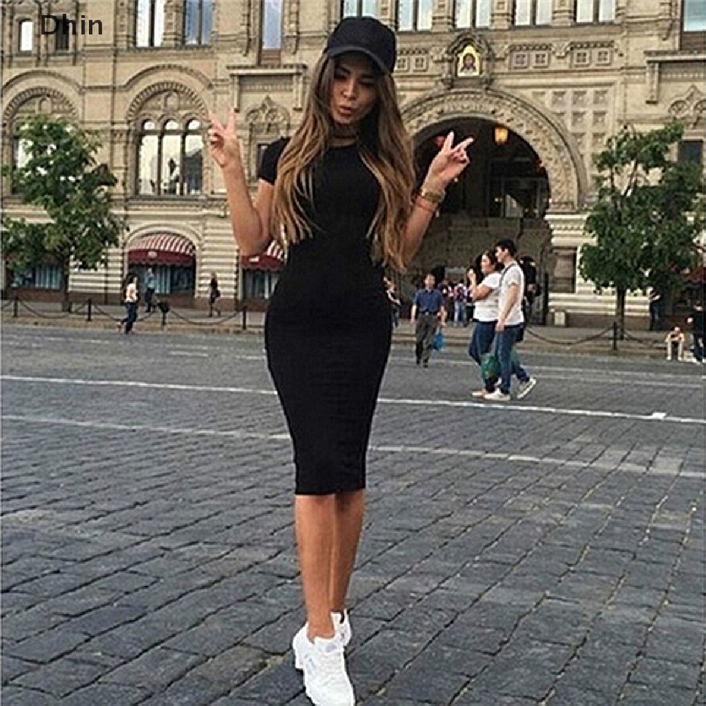 Đầm Bút Chì Ôm Dáng Tay Ngắn Dài Đến Gối Vải Cotton Thời Trang Công Sở Cho Nữ