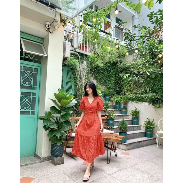 LIIN - Váy nữ dáng xòe, thiết kế chấm bi cam, chất liệu lựa thoáng mát | BigBuy360 - bigbuy360.vn