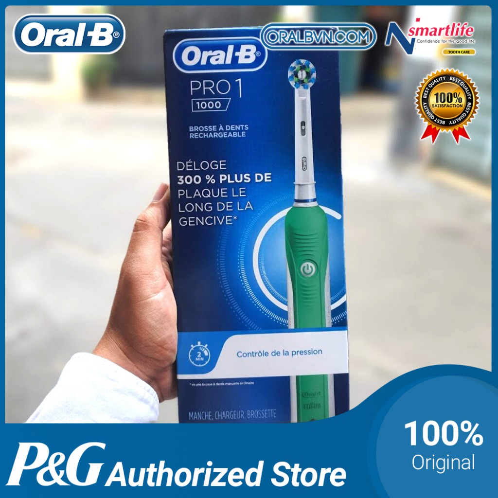 Bàn chải đánh răng điện tự động Oral B Pro 1000 xanh dương làm sạch răng, hạn chế viêm nướu