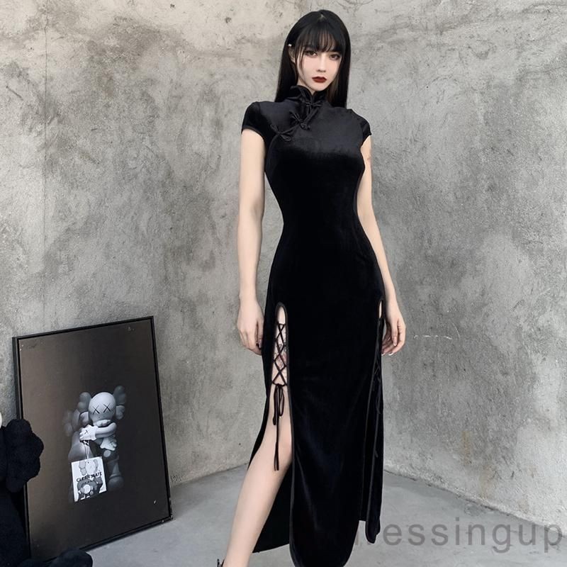 (Ulzang)! Sườn xám Black Rose đan dây nhung mẫu mới