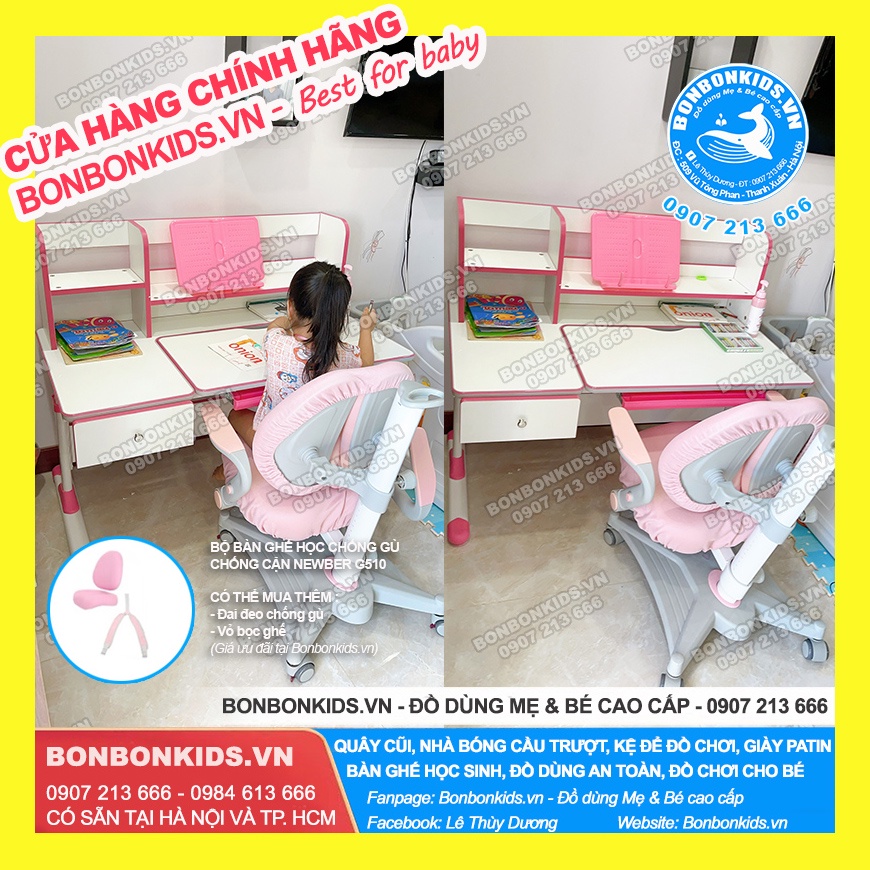 Bộ Bàn Ghế Học Sinh Chống Gù Cao Cấp Newber G510 ( Bàn học thông minh 110cm - Ghế mới tay gập, 2 lưng)