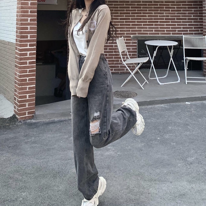 COZOKC Quần Jean Rách Lưng Cao Form Ôm Theo Phong Cách retro Dễ Phối Đồ