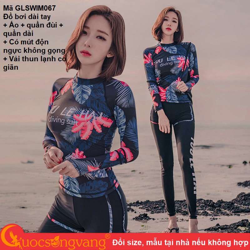 Bộ đồ bơi nữ dài tay in hoa bộ đồ bơi nữ kín đáo 3 món áo, quần dài quần đùi GLSWIM067 Cuocsongvang