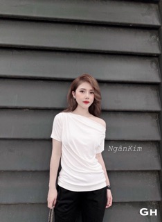 Áo thun nhún eo lệch vai