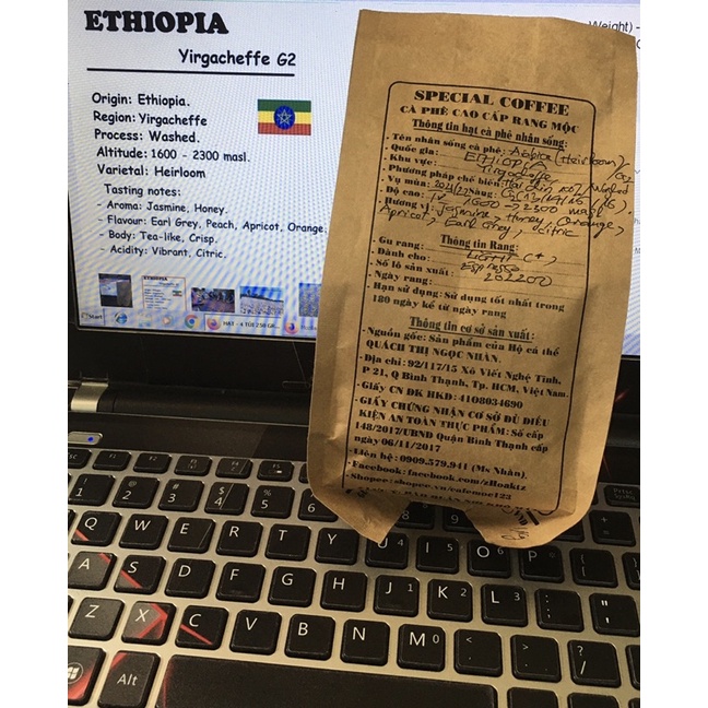 HẠT - 2 TÚI 250 GRAM CÀ PHÊ  - ETHIOPIA YIRGACHEFFE KURABIKI G2 - WASHED - RANG MỘC - ESPRESSO/COLD BREW.