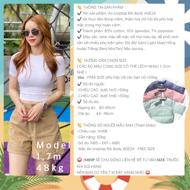 (CHÍNH HÃNG) Áo croptop ôm body tay lỡ AGE2X chất borib co giãn mềm mát, tone màu pastel dễ phối đồ