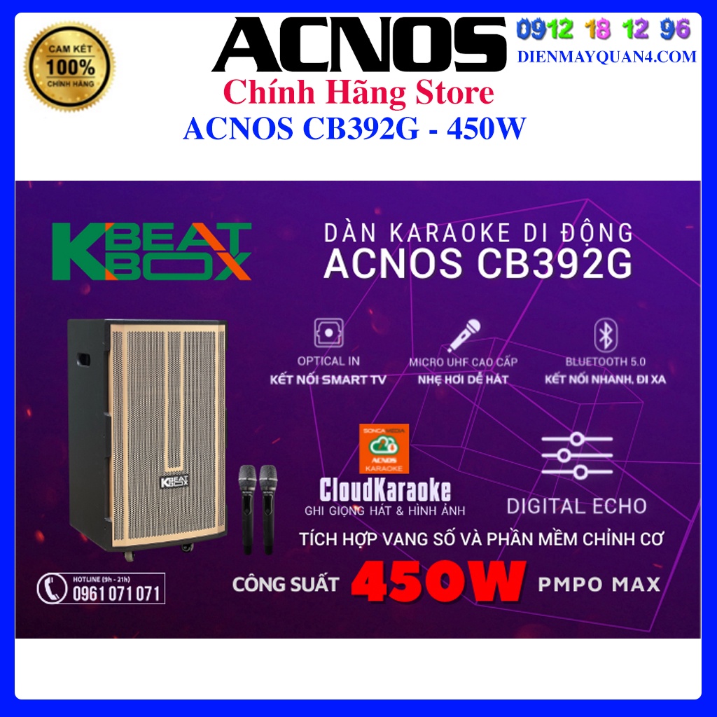 FREESHIP_Loa kéo acnos CB392G, loa gỗ 4 tấc hát hay, 2 Micro UHF
