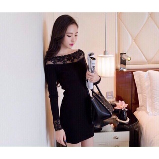 Đầm body ren cổ trễ vai