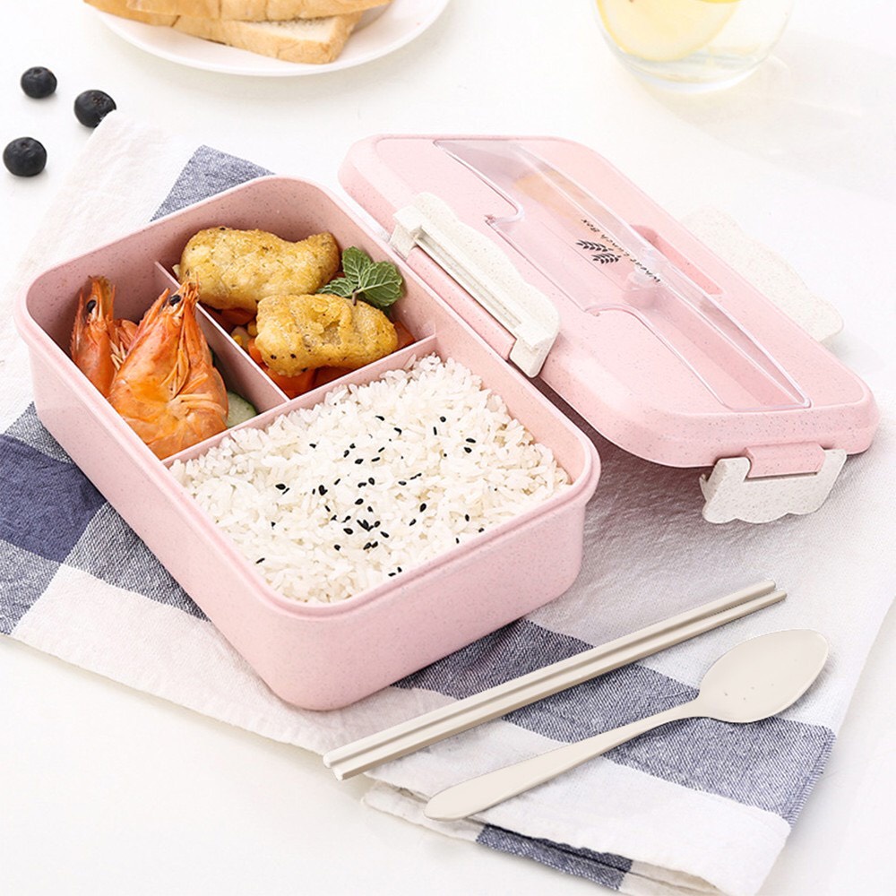 Hộp Đựng Cơm Văn Phòng Lúa Mạch Giữ Nhiệt 3 Ngăn Tặng Kèm Đũa Thìa Dùng Được Lò Vi Sóng