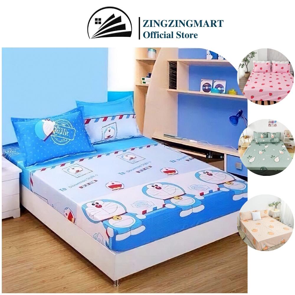 Ga trải giường cotton poly kèm 2 vỏ gối đầu 45x65cm Mẫu Doreamon - Zingzingmart