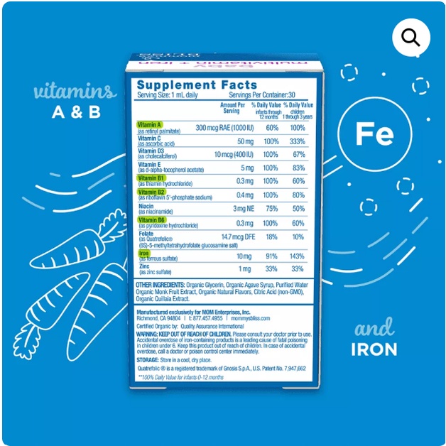 Vitamin Tổng Hợp chứa sắt hữu cơ Mommy's Bliss Baby Multivitamin + Iron Organic Drop - cho bé từ 2 tháng