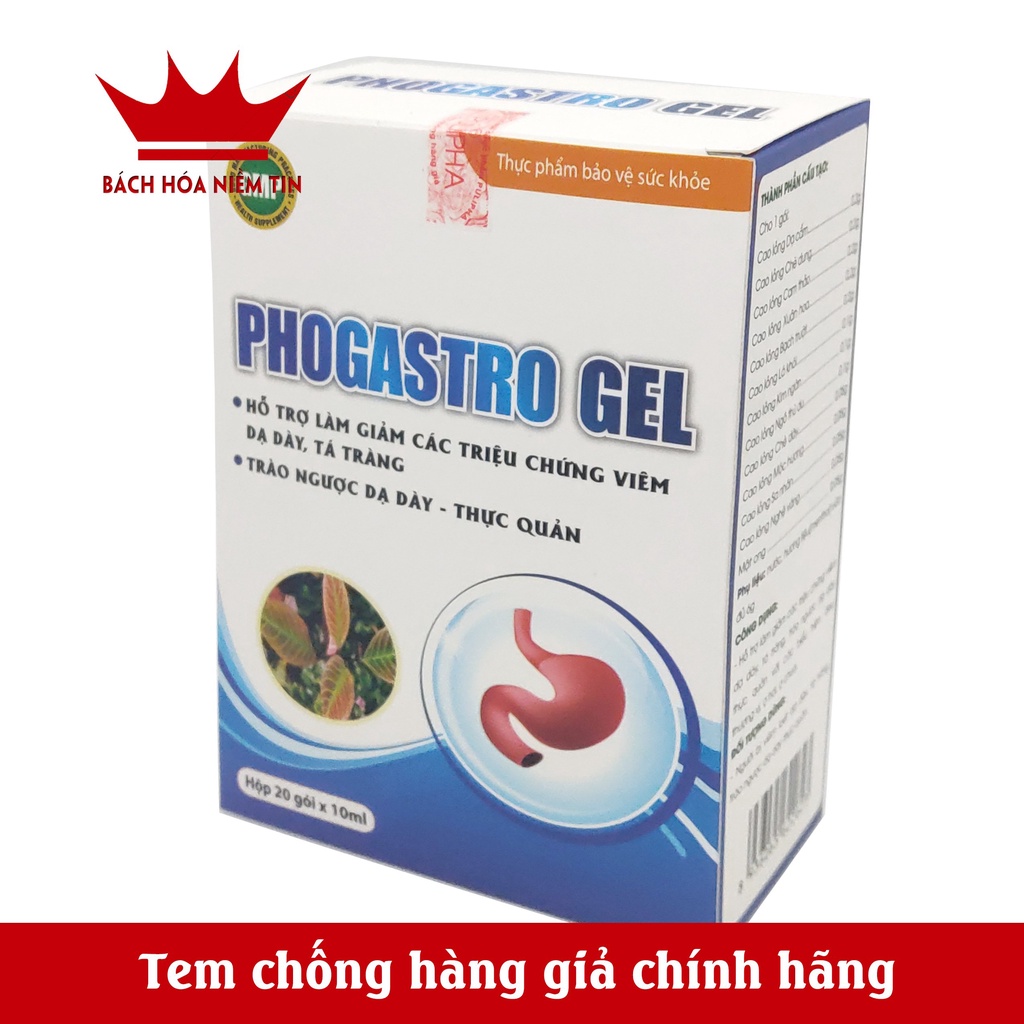 Gel giảm đau dạ dày, giảm trào ngược dạ dày, giảm viêm loét dạ dày, tá tràng Phogastro Gel - Hộp 20 gói x 6g