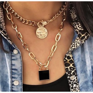 Set 2 Vòng Cổ Choker Dây Xích Mặt Hình Ổ Khóa Đồng Xu Độc Đáo Cá Tính