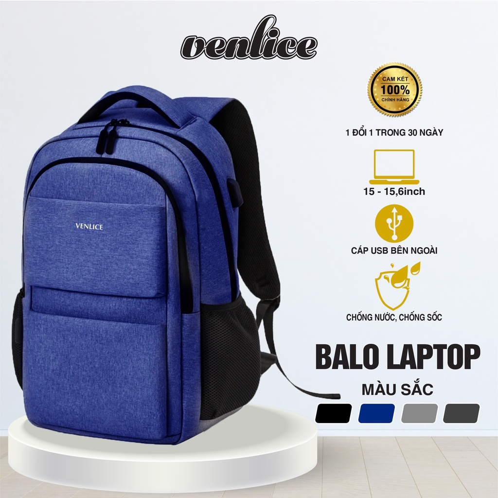 Balo VENLICE Laptop Nam Nữ Kiểu Dáng Công Sở Tích Hợp Cổng USB Tiện Lợi Chống Nước Tiêu Chuẩn Dùng Đi Học Đi Làm - Xanh