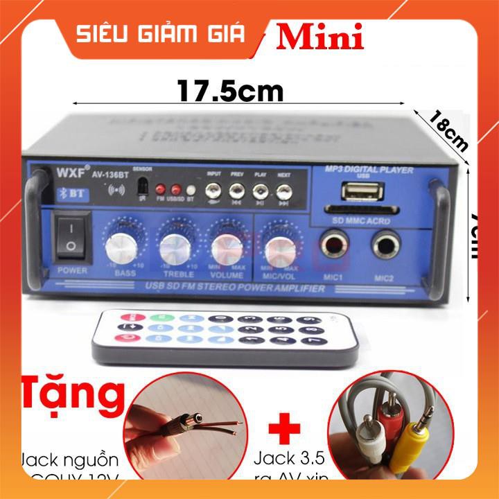 Ampli mini âm ly ô tô WXF AV-136BT 12V-220V - Tích hợp Bluetooth KARAOKE- tặng jack cho acquy 12V và dây 3.5 ra AV xịn