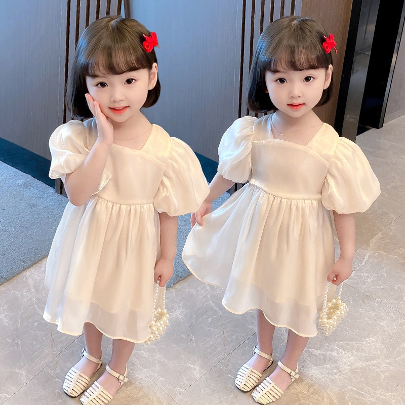 Đầm Công Chúa Cổ Vuông Tay Phồng Phối Ruy Băng Thắt Nơ Thời Trang Cho Bé Gái 5 Tuổi 9 Tháng Tuổi