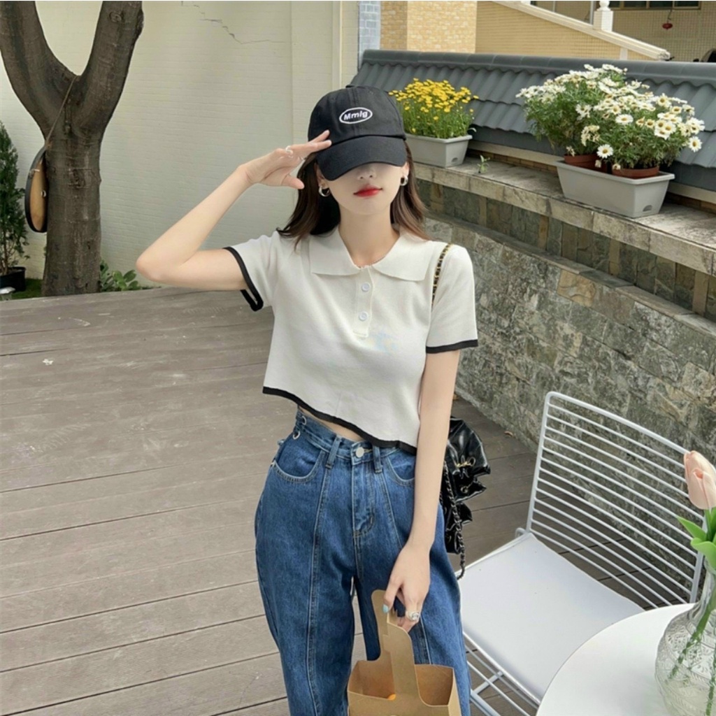 áo croptop vạt chéo tà cài nút sau cổ bẻ thun gân