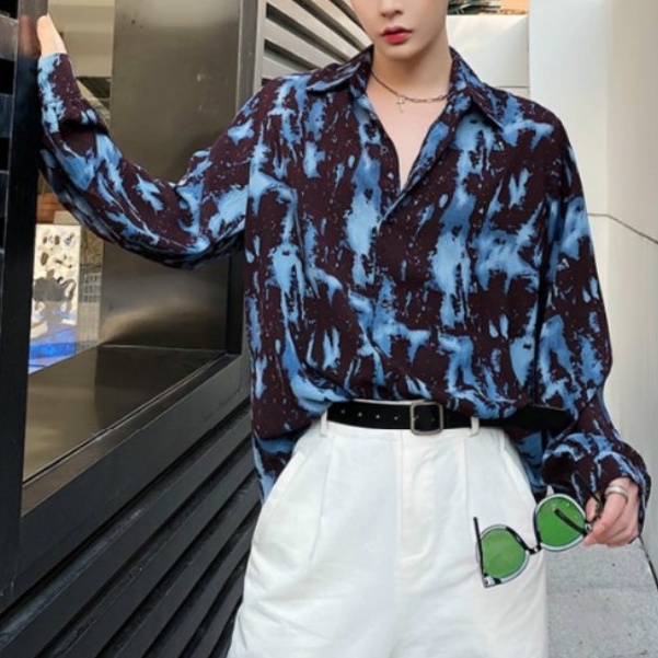 Áo Sơ Mi Nam Dài Tay Dáng Rộng Màu Nhuộm Phong Cách Hàn Quốc Thời Trang fashion lụa  áo nam đẹp simple top  áo kiểu nam  áo sơ mi nam form rộng