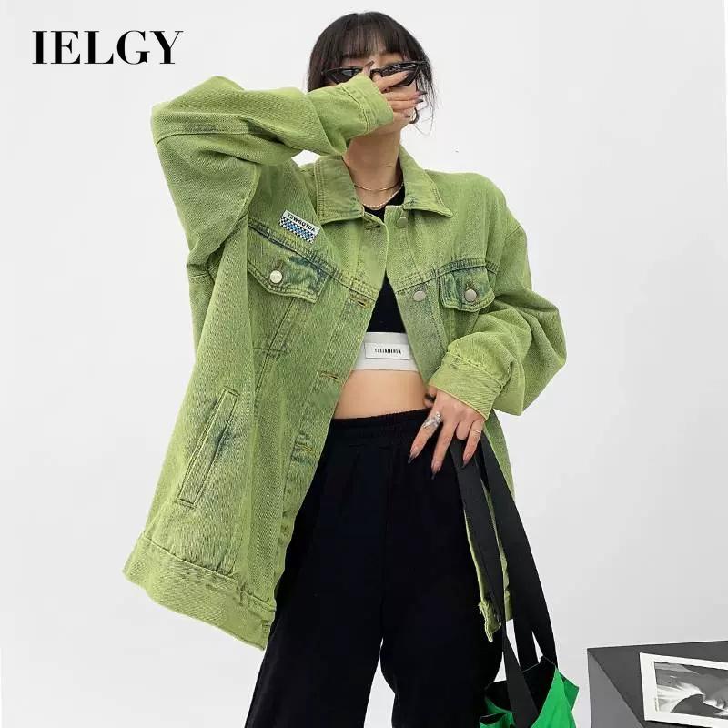 IELGY   Áo Khoác denim Dáng Rộng Màu Xanh Lá Kiểu retro Cá Tính Cho Nữ
