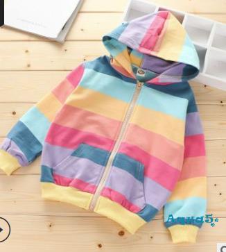 Áo Hoodies Có Nón Dài Tay Sọc Cầu Vồng Cho Bé Gái