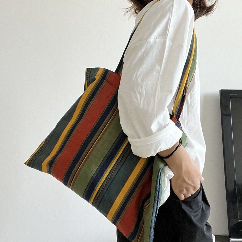 Túi Xách Vải Lanh Cotton Cỡ Lớn Họa Tiết Kẻ Sọc Cầu Vồng Phong Cách Retro