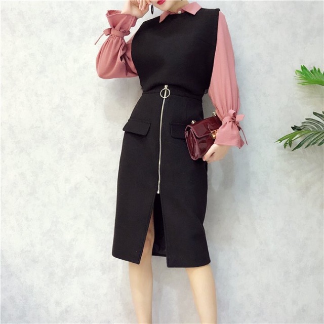 Set váy khoá kéo tay loe nơ hàng Quảng Châu cao cấp