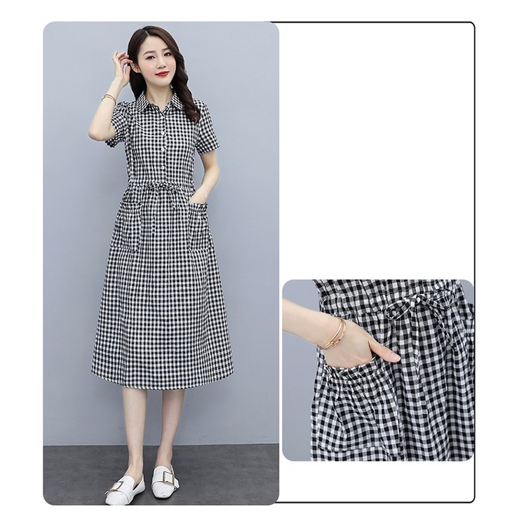 Váy sơ mi váy suông nữ đầm suông sơ mi form rộng họa tiết kẻ caro, kèm dây rút eo