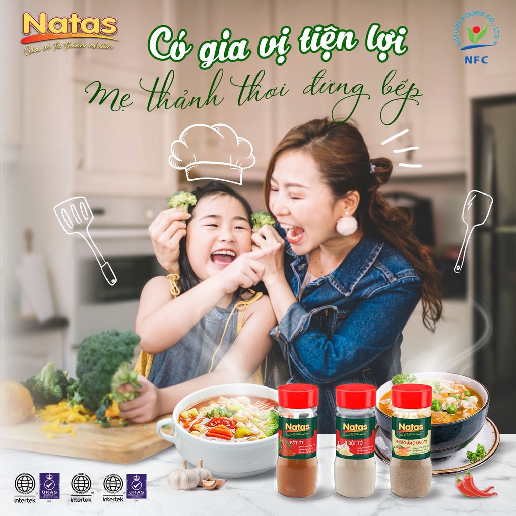 Combo gia vị truyền thống Natas: Bột tỏi Natas 65g + Bột ớt Natas 45g + Bột Tiêu đen xay Natas 55g