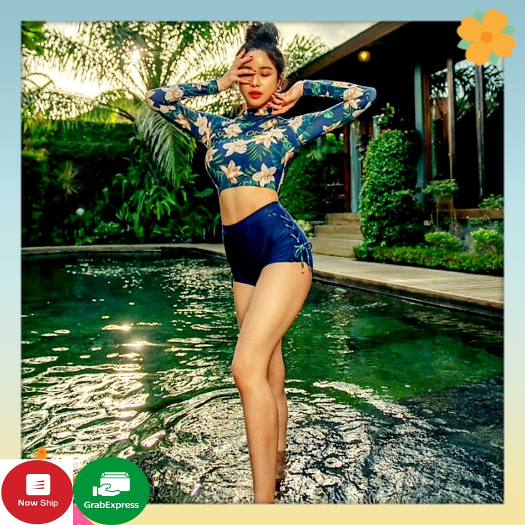 (Video+Hình Thật)Đồ Bơi Nữ Kín Đáo Dài Tay Chống Nắng Bikini Hàn Quốc Mới Nhất 2022 Có Mút Lót Ngực 2 Mảnh Swimwear