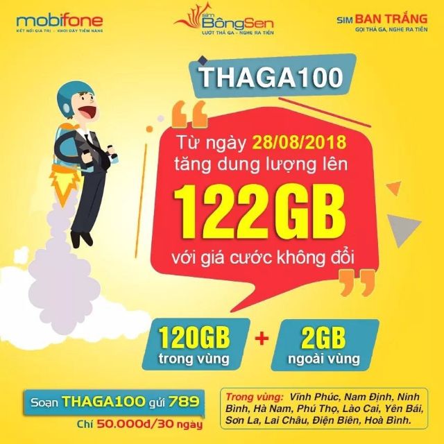 Sim thaga100 mobi 120G/tháng miễn phí tháng đầu giá rẻ cho các tỉnh vùng 4