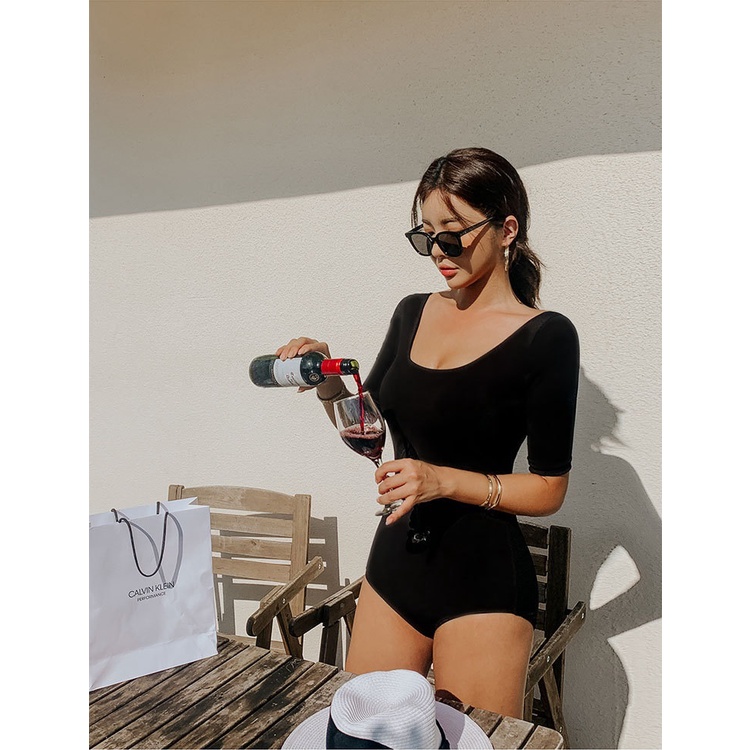 Bikini, Bộ Đồ bơi nữ áo tắm liền một mảnh cộc tay đen trẻ trung, năng động kín đáo che bụng