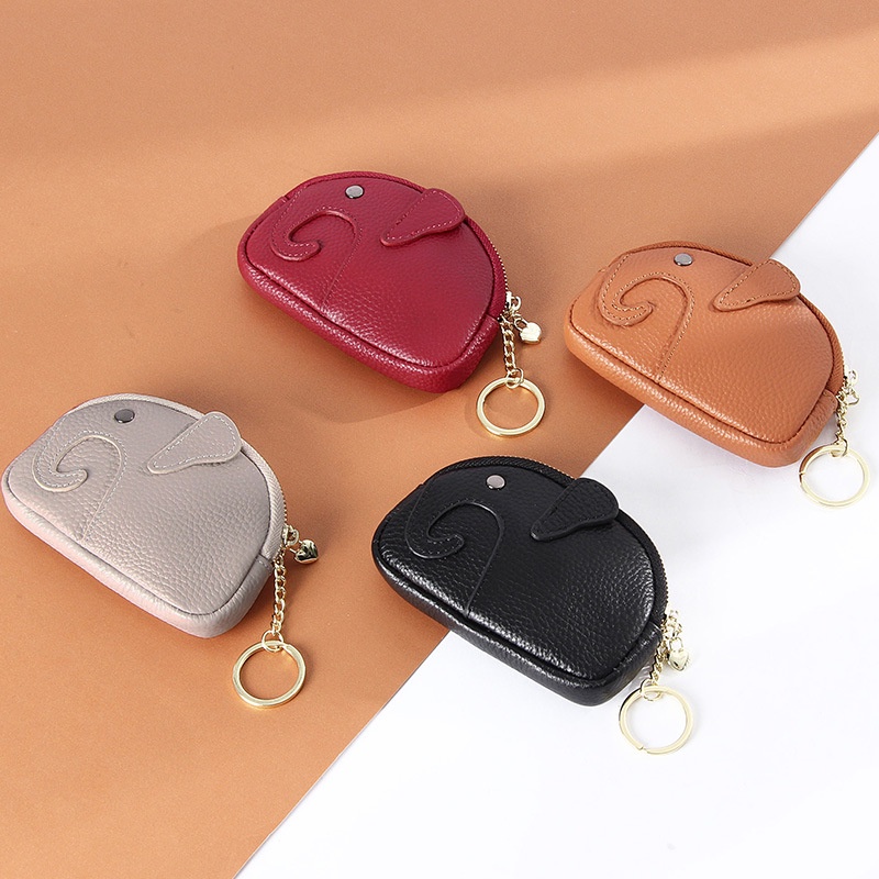 Ví Da Bò Thật Đựng Tiền Xu Mini Có Móc Khóa Hình Chú Voi Dễ Thương Cho Nữ