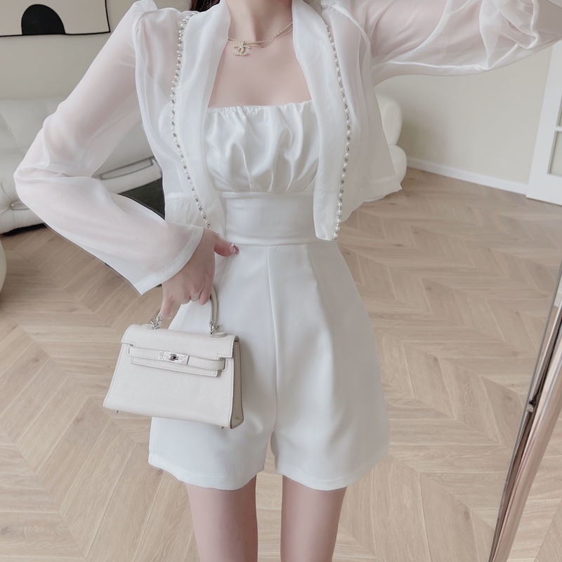 Bộ Áo Liền Quần Ống Màu Trắng Phong Cách Pháp Cổ Điển Thời Trang Mùa Hè Cho Nữ