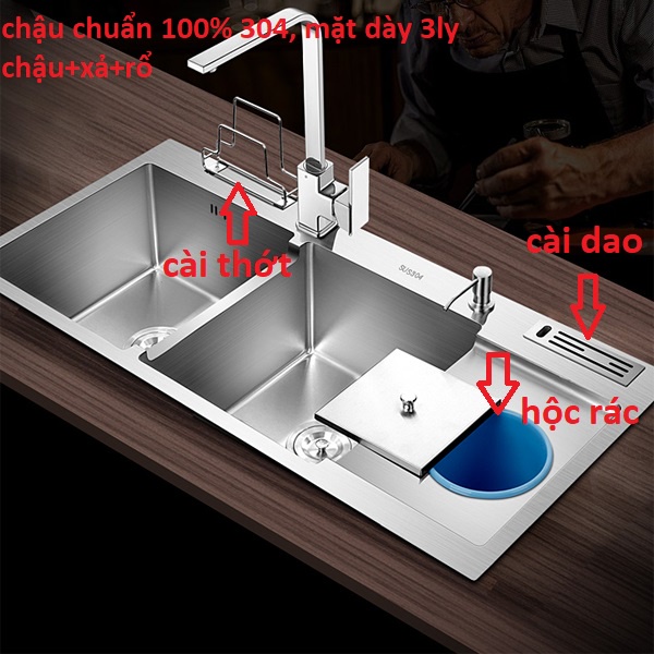 [LOẠI 1-MẶT DÀY 3LY] Chậu Rửa Chén Bát INOX SUS 304 N3 10048 NA.GRAND HÀNG CAO CẤP NHẤT HÀNG BAO XÀI