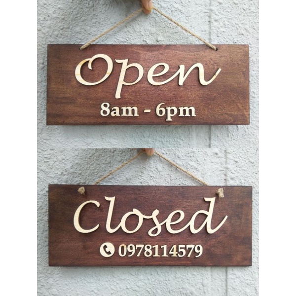 Bảng gỗ dán chữ gỗ 2 mặt Open Closed mã 02 kèm nội dung theo yêu cầu + kèm dây treo - LUM