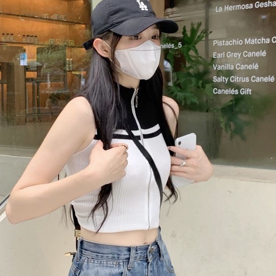 Áo Len Croptop Cổ Lọ Nữ, Áo Len Sát Nách Dây Kéo Trắng Đen FreeSize <58kg