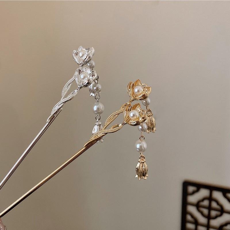 PVN50555 Trâm Cài Tóc Hình Hoa Lan Đính Ngọc Trai Giả Bằng Kim Loại Kiểu Hán Phục Trung Hoa Dễ Thương Giá Rẻ