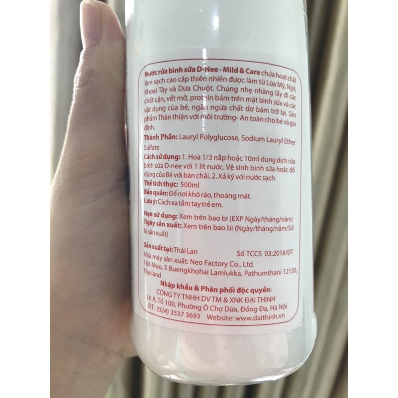 Nước rửa bình sữa, dụng cụ và rau quả KHÔNG MÙI  D-nee chai 500ml (Thailand- Tem Đại Thịnh)