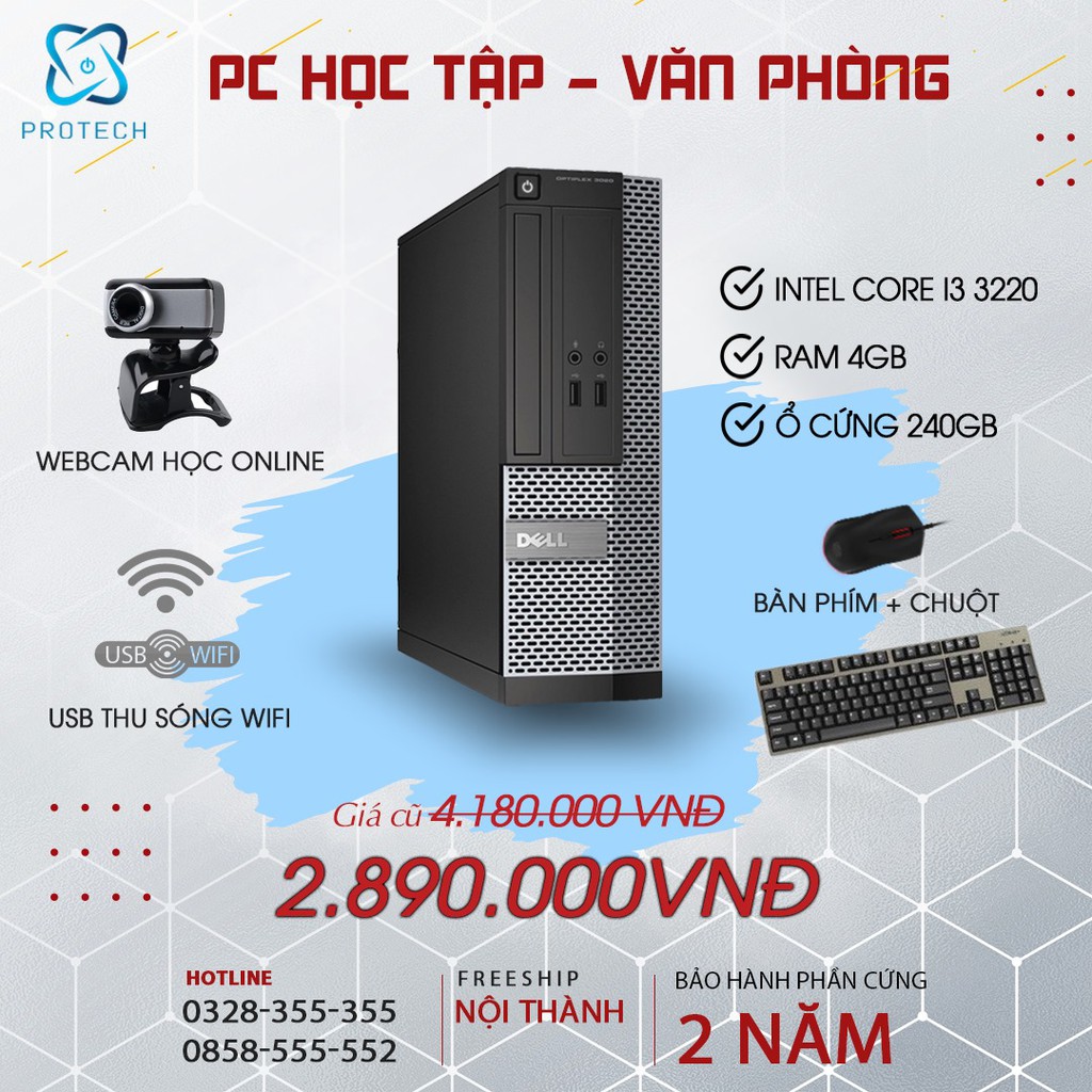 Bộ máy tính để bàn ,cây đồng bộ Dell Optiplex7010,i3 3220,Ram 4G,HDD 250G Tặng Bàn Phím+Chuột+ Usb thu wiffi+ webcam mới