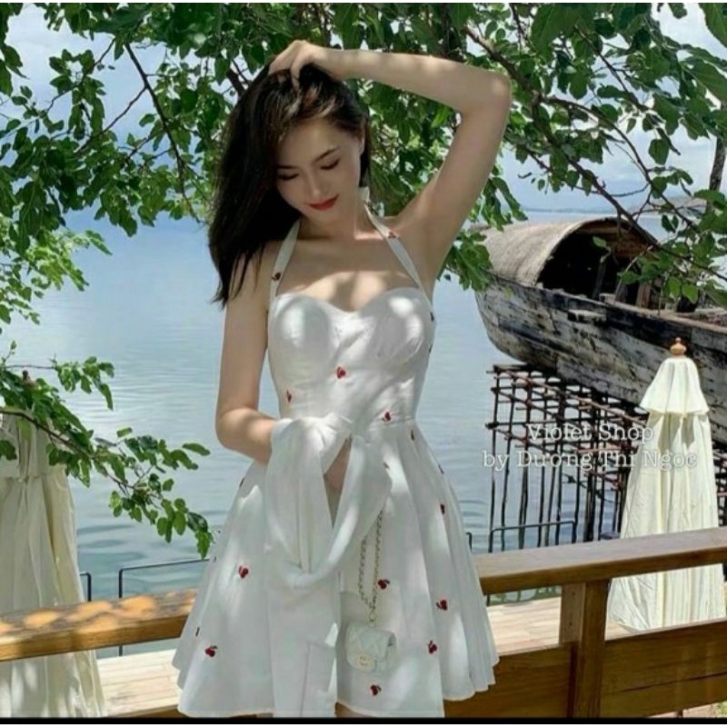 Đầm 2S họa tiết cherry nhí kèm áo khoác gân phong cách Hàn Quốc