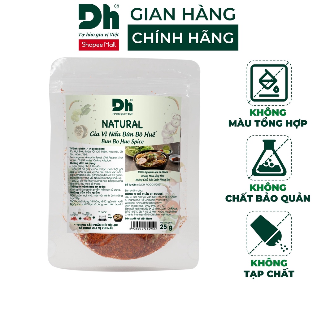 Gia vị nấu bún bò huế Natural DH Foods nêm sẵn thành phần tự nhiên gói 25gr - DHGVT92